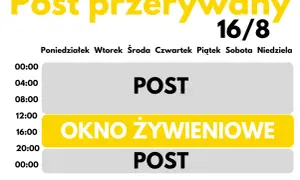 Post przerywany 16/8. Harmonogram dnia: post od 00:00 do 12:00 i od 20:00 do 00:00, okno żywieniowe od 12:00 do 20:00.