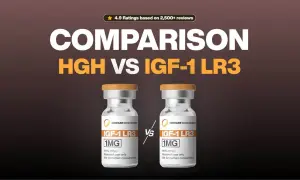 Dwie fiolki IGF-1 LR3 1MG, porównanie HGH vs IGF-1 LR3. Produkt do badań, nie do spożycia przez ludzi.