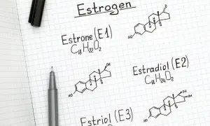 Zapiski o estrogenach: Estron (E1), Estradiol (E2) i Estriol (E3). Wysoki poziom estrogenu może wpływać na organizm.
