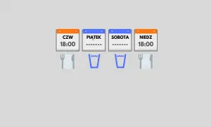 Kalendarz pokazuje czwartek i niedzielę o 18:00 jako dni posiłków. Piątek i sobota są puste, sugerując post. Autofagia po ilu godzinach?