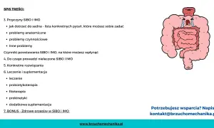 Rysunek przedstawia cierpiące jelita, symbolizujące IMO chorobę. Spis treści omawia przyczyny, objawy i leczenie.