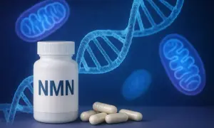 Biała butelka z napisem NMN, kapsułki, DNA i mitochondria. NMN co to? Suplement wspierający komórki.