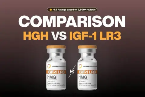 Dwie fiolki IGF-1 LR3 1MG, porównanie HGH vs IGF-1 LR3. Produkt do badań, nie do spożycia przez ludzi.