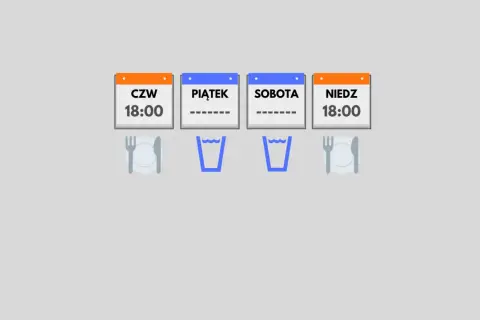 Kalendarz pokazuje czwartek i niedzielę o 18:00 jako dni posiłków. Piątek i sobota są puste, sugerując post. Autofagia po ilu godzinach?