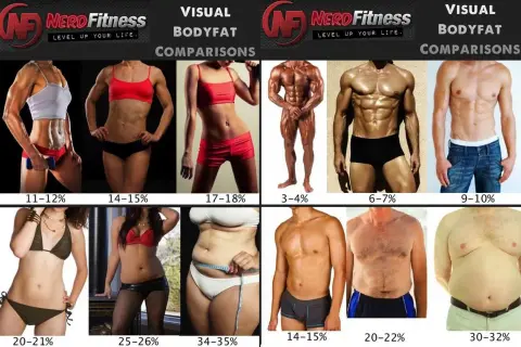 Jak sprawdzić body fat? Wizualne porównanie procentu tkanki tłuszczowej u kobiet i mężczyzn, od 3-4% do 34-35%.