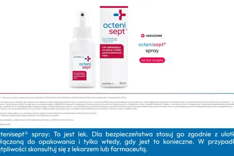 Octenisept spray do odkażania ran i skóry. Pomoże na stłuczenia i drobne skaleczenia. Lek bez recepty.