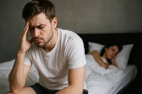 Mężczyzna zmartwiony, siedzi na łóżku. Obok śpi kobieta. Może to być problem z brakiem wzwodu po testosteronie.