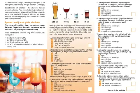 Test sprawdzający związek między **testosteron a alkohol**. Pytania dotyczą nawyków picia i jego konsekwencji.