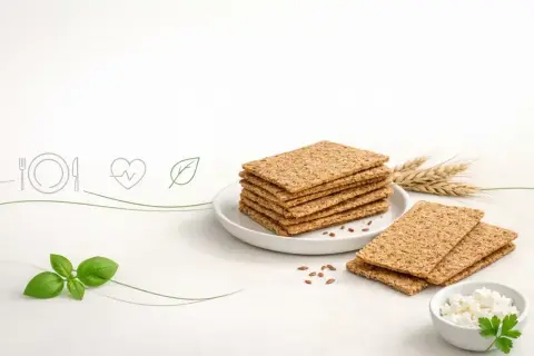 Stos chrupkiego pieczywa, ser biały, bazylia i kłosy zbóż. Czy pieczywo chrupkie jest zdrowe? Tak, to zdrowa przekąska.