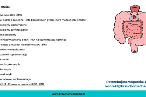 Rysunek przedstawia cierpiące jelita, symbolizujące IMO chorobę. Spis treści omawia przyczyny, objawy i leczenie.