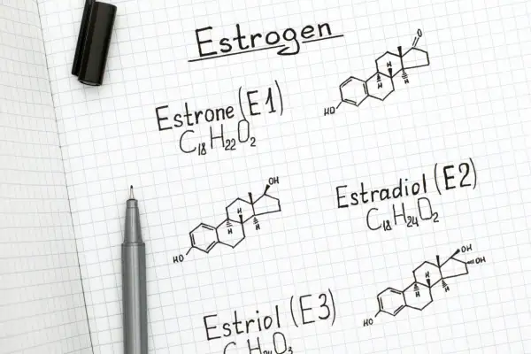 Zapiski o estrogenach: Estron (E1), Estradiol (E2) i Estriol (E3). Wysoki poziom estrogenu może wpływać na organizm.